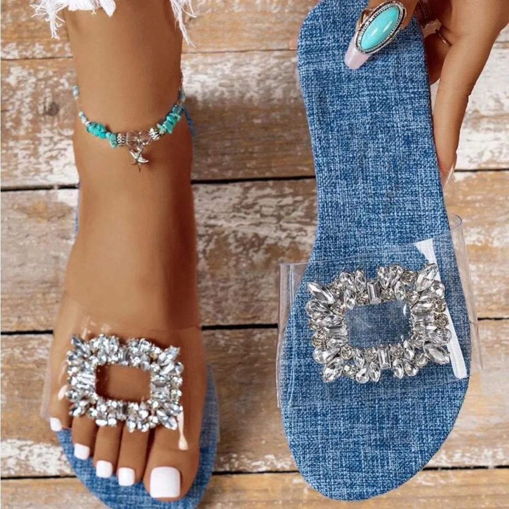 New Outdoor Beach Vacation Rhinestone Buckle Flat Sandals - Picture 1 of 5